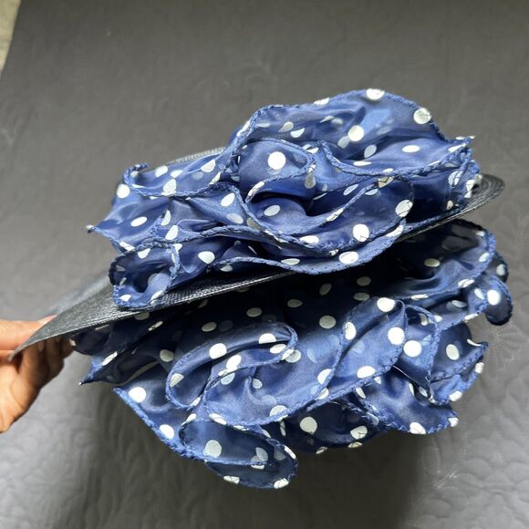 VTG 70s 80s Sonni San Francisco Hat Navy & Polka Taffeta Band Bow Kentucky Derby - Picture 5 of 8